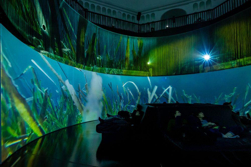 A 360-degree circular panorama projection screen displaying underwater life, as a part of the Oceanic Refractions immersive experience driven by a Screenberry media server