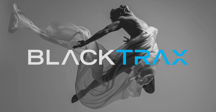 BlackTrax logo on a backdrop of man dancing, showcasing Screenberry's support for motion and object tracking technologies