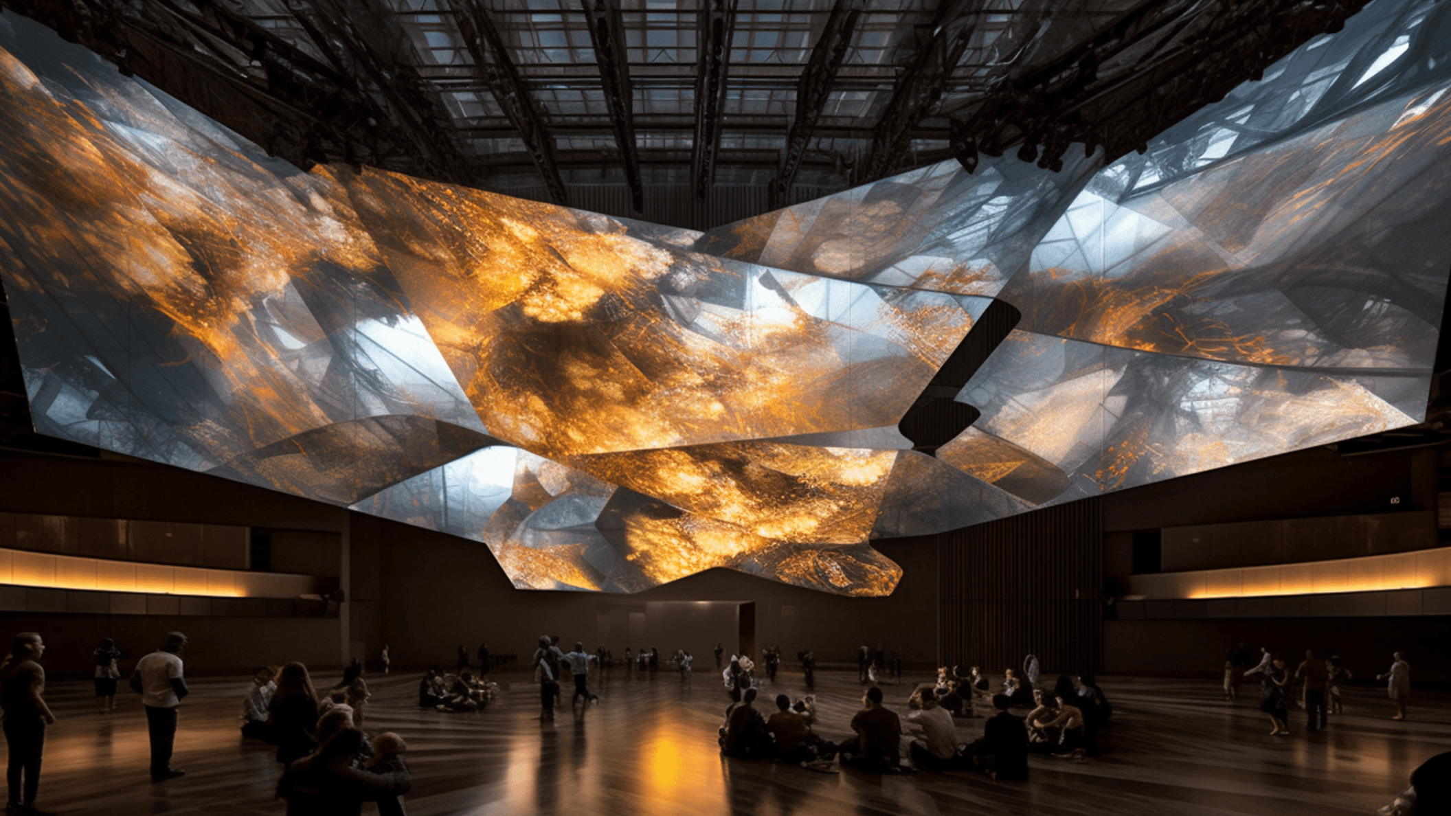 Spectators looking at a complex geometry screen covered with abstract projections, showcasing Screenberry's advanced 3D mapping tools