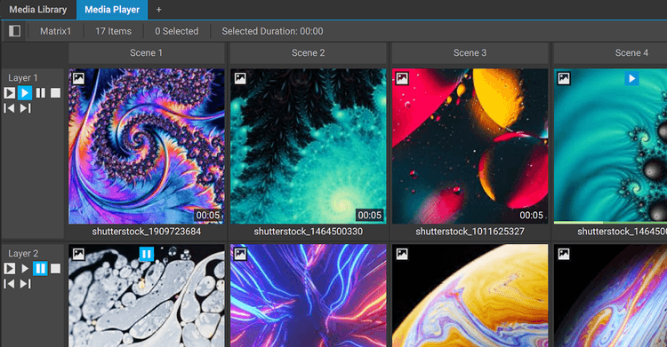 Matrix playlist interface screenshot, showcasing Screenberry's layer-based compositing and media clip management