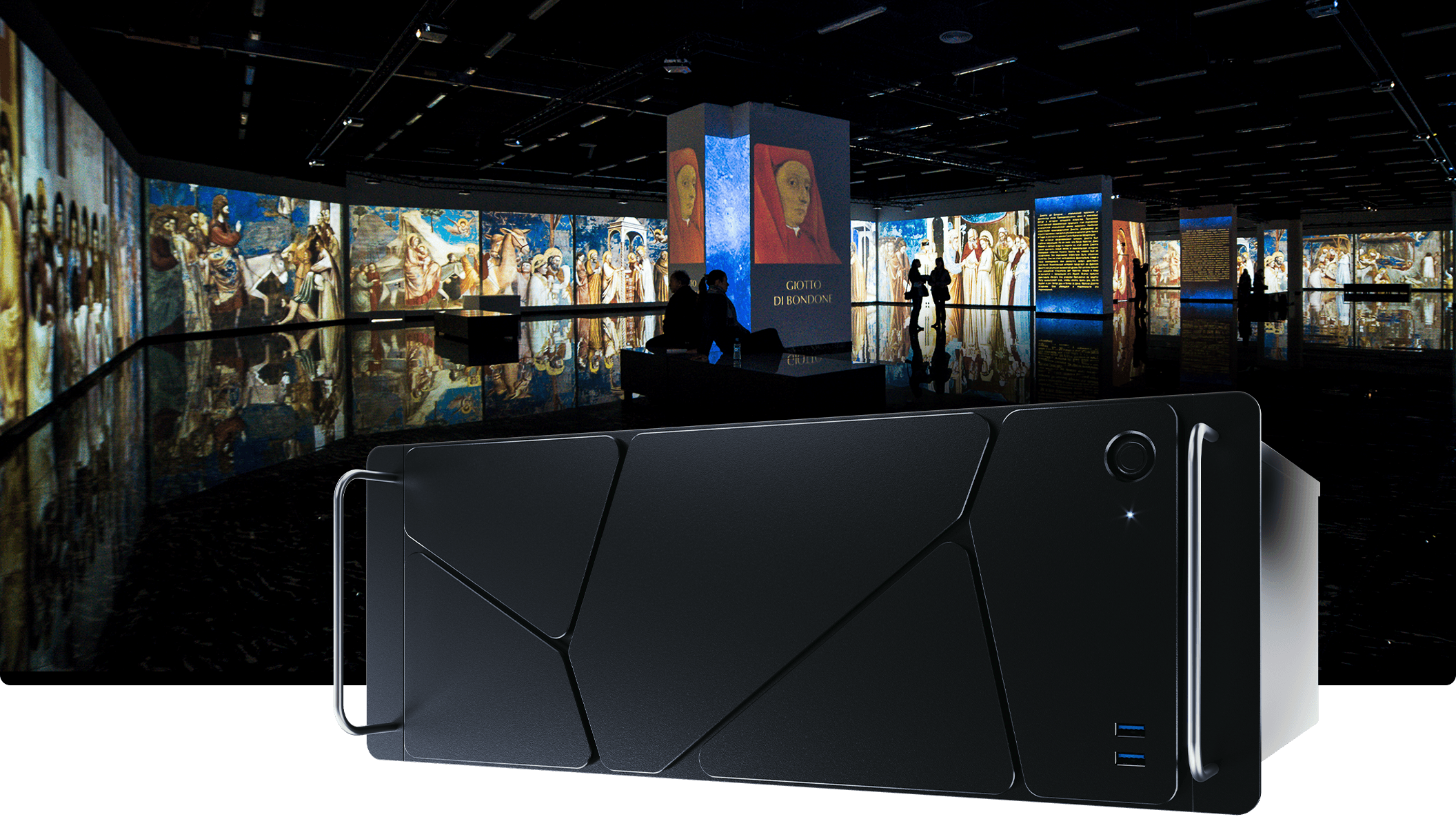 Screenberry server computer in front of a digital art gallery