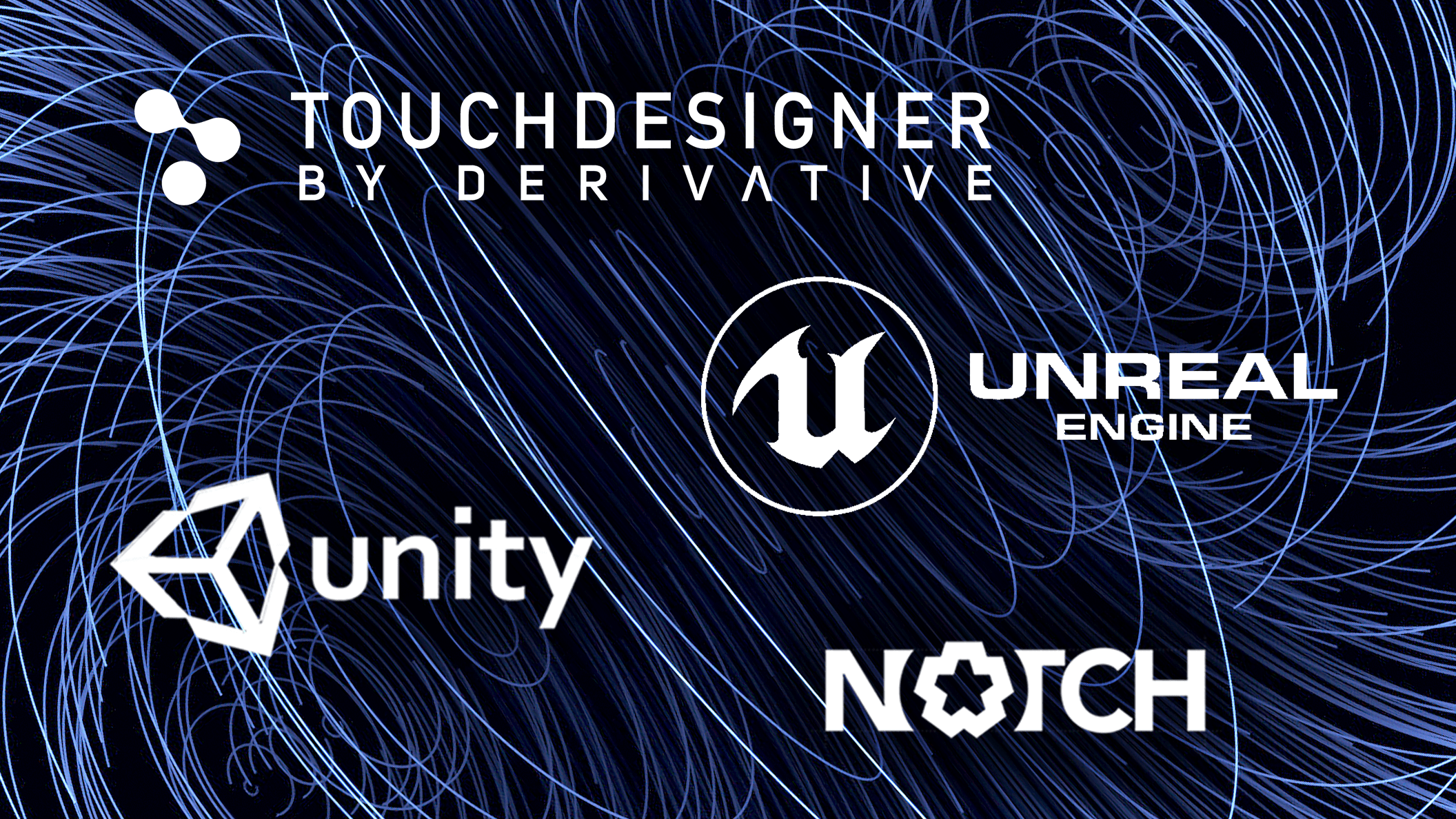 Abstract background with the logos of Unreal Engine, Touch Designer, Notch and Unity