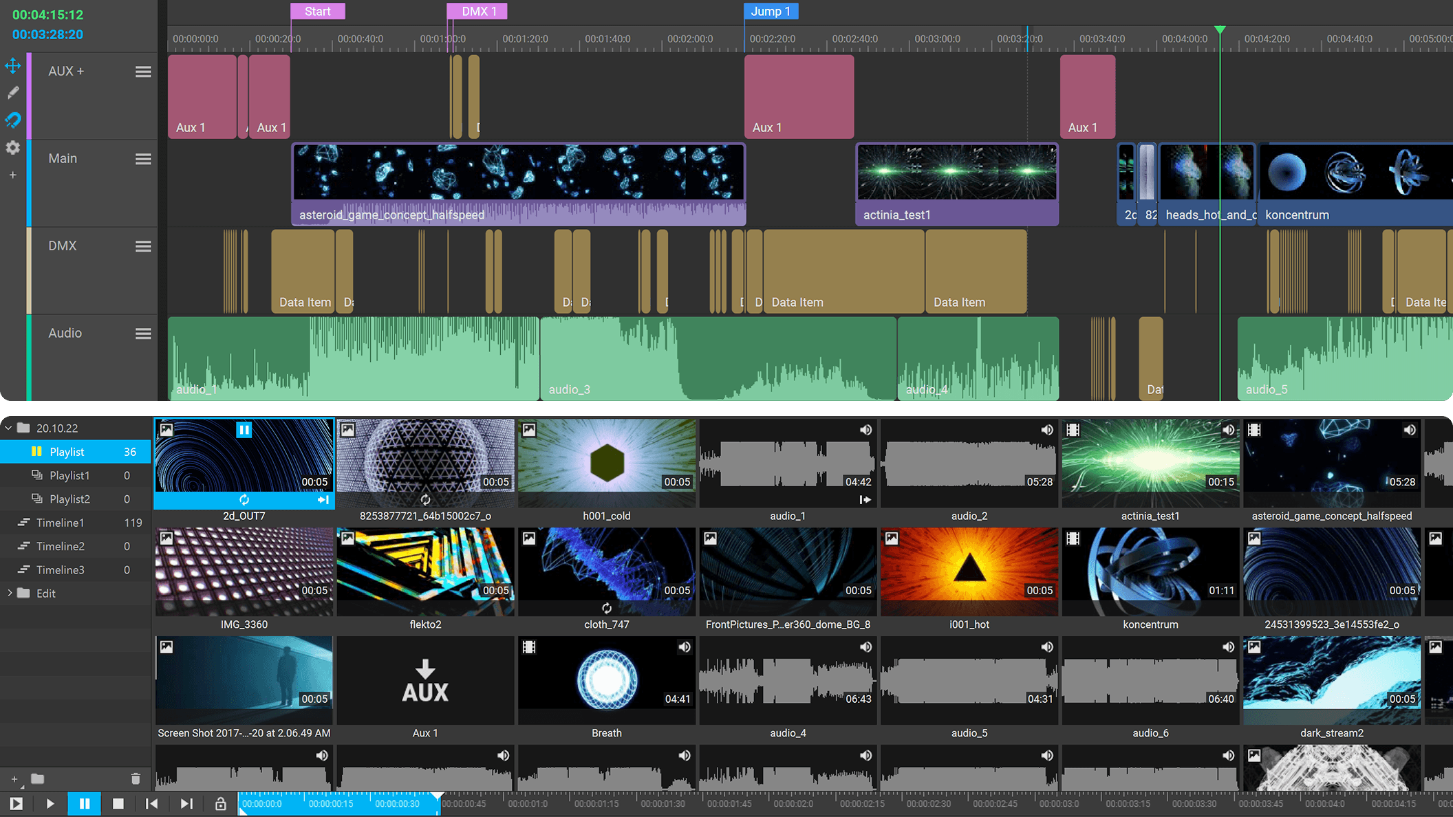 Screenberry interface featuring timeline and playlist windows to demonstrate its flexible show control capabilities