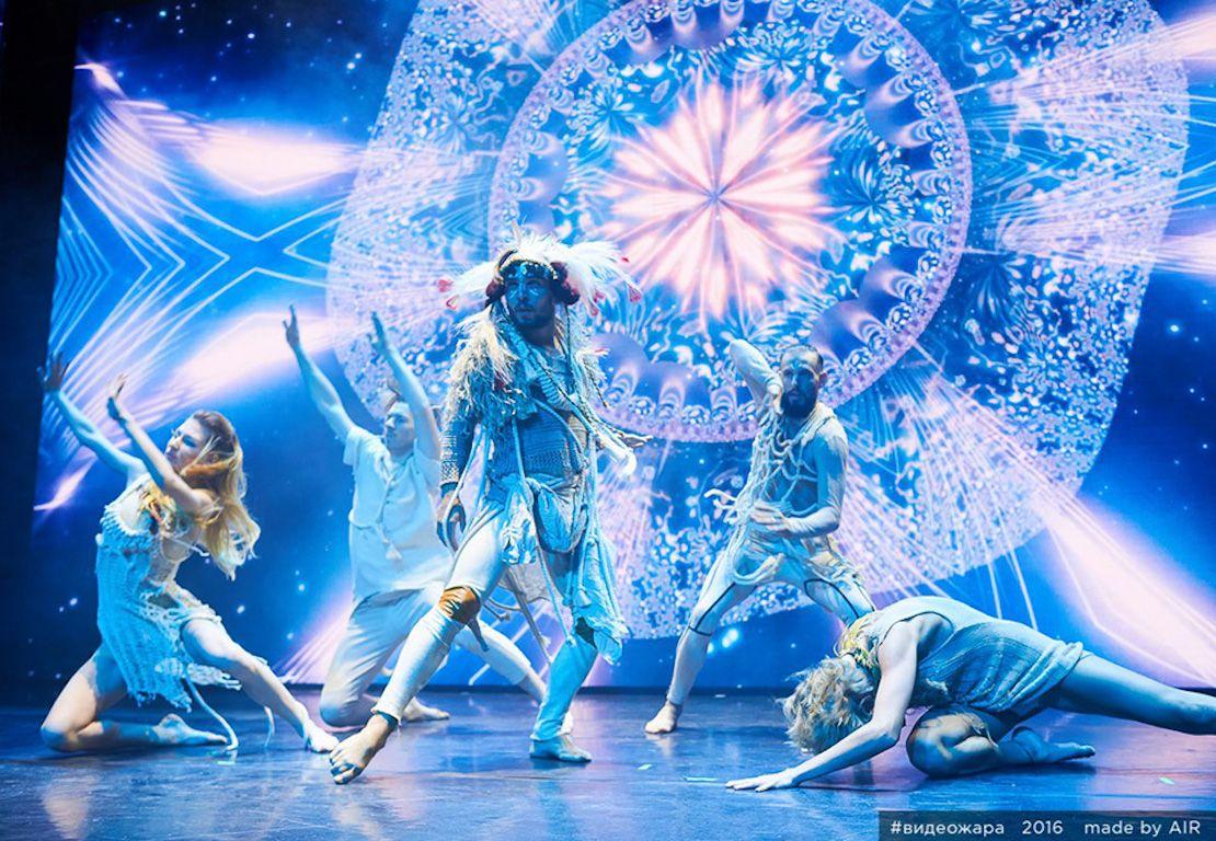 "Shaman Dance" stage performance at VideoZhara Festival, featuring dancers in front of an LED wall with visuals powered by Screenberry