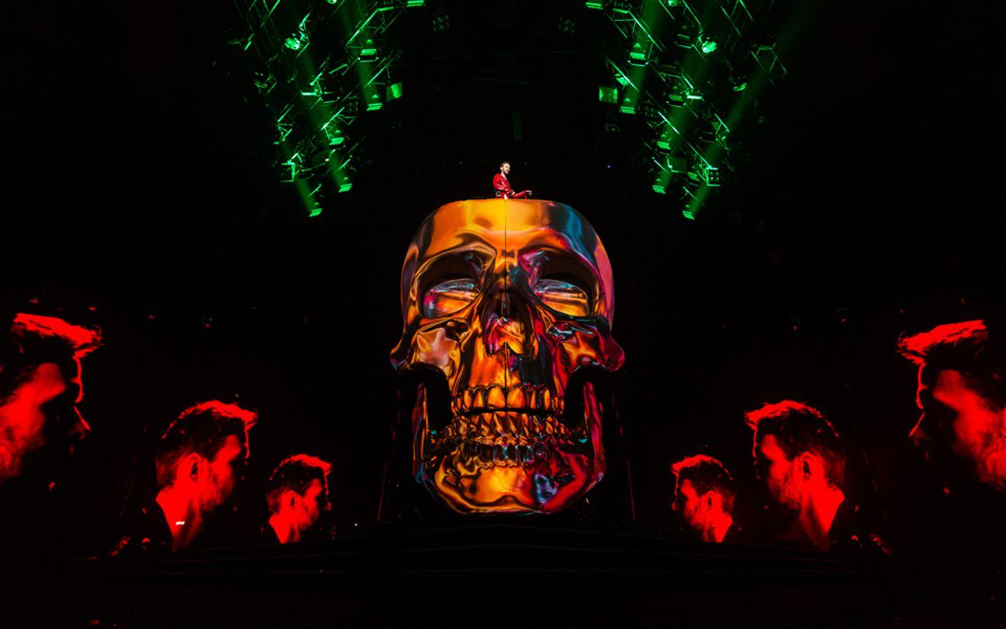 Projection mapping onto a large scale skull prop at Max Barskih Concert