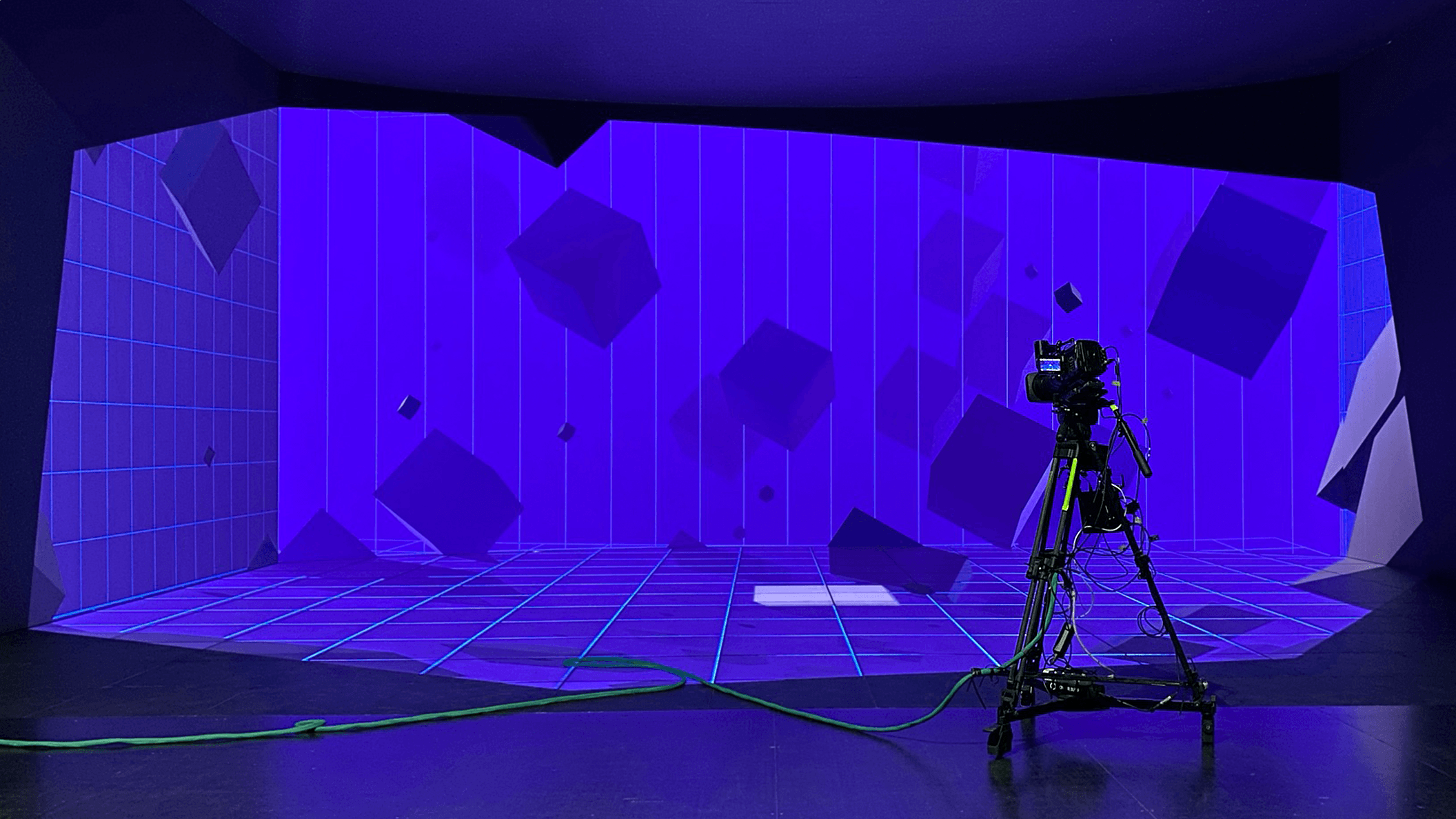 Camera equipped with a real-time optical camera tracking system in front of the LED volume, highlighting Screenberry's camera tracking feature for XR TV studios and film sets