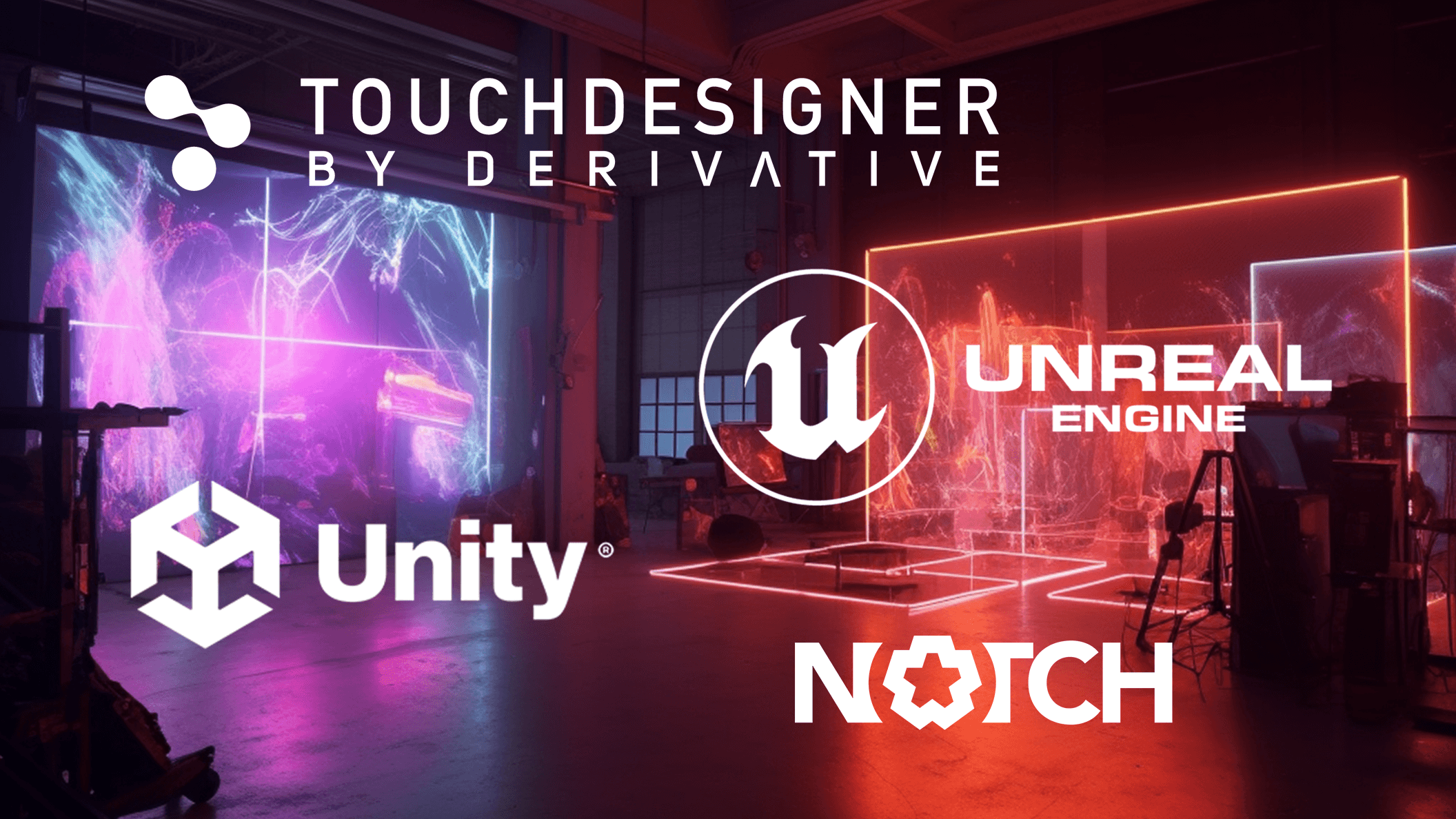 Media lab on a background with the logos of Touch Designer, Unity, Unreal Engine, and Notch, representing Screenbery's integration with real-time graphics software