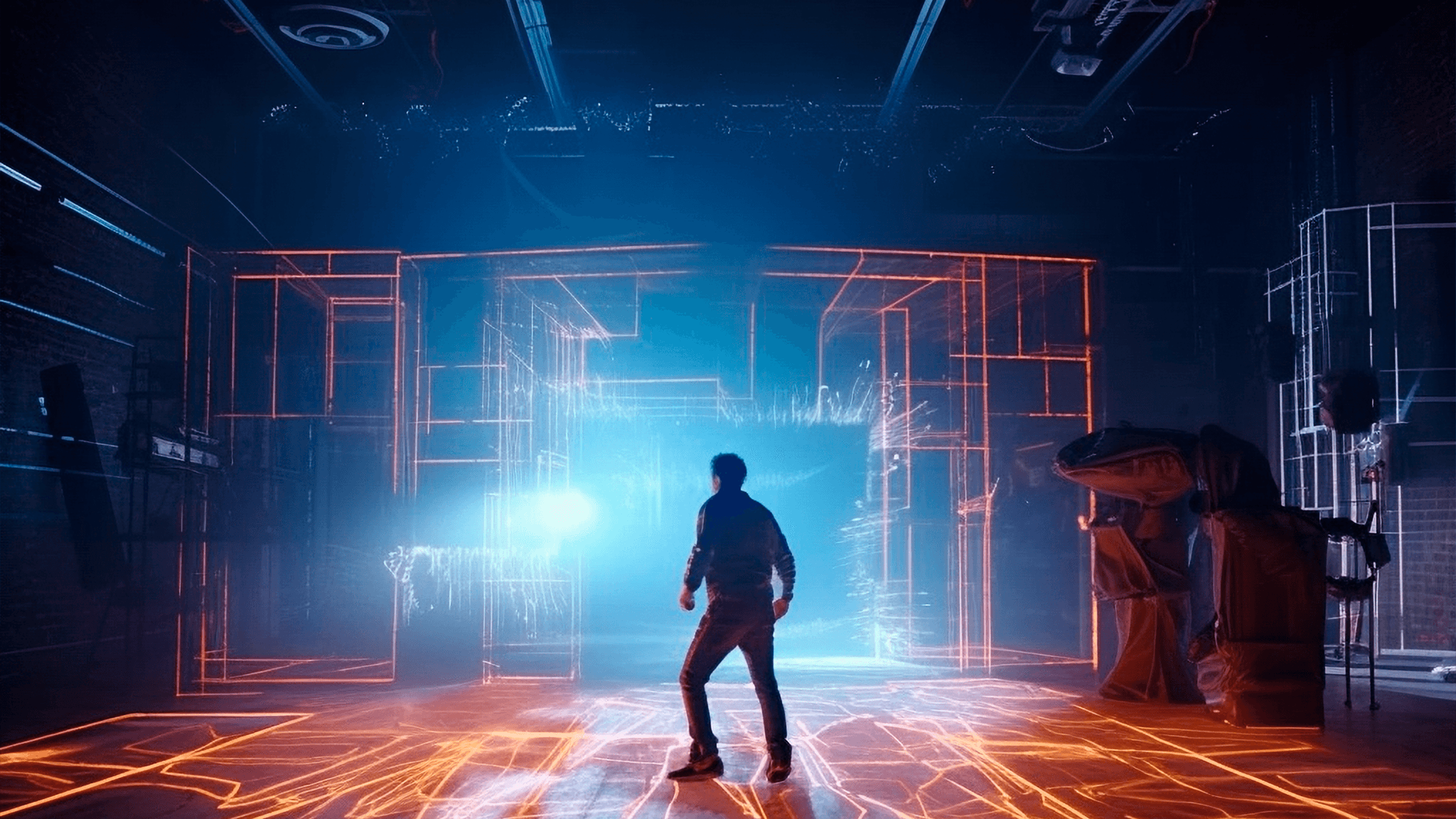A performer inside a digital space, representing Screenberry's support for motion tracking and real-time graphics