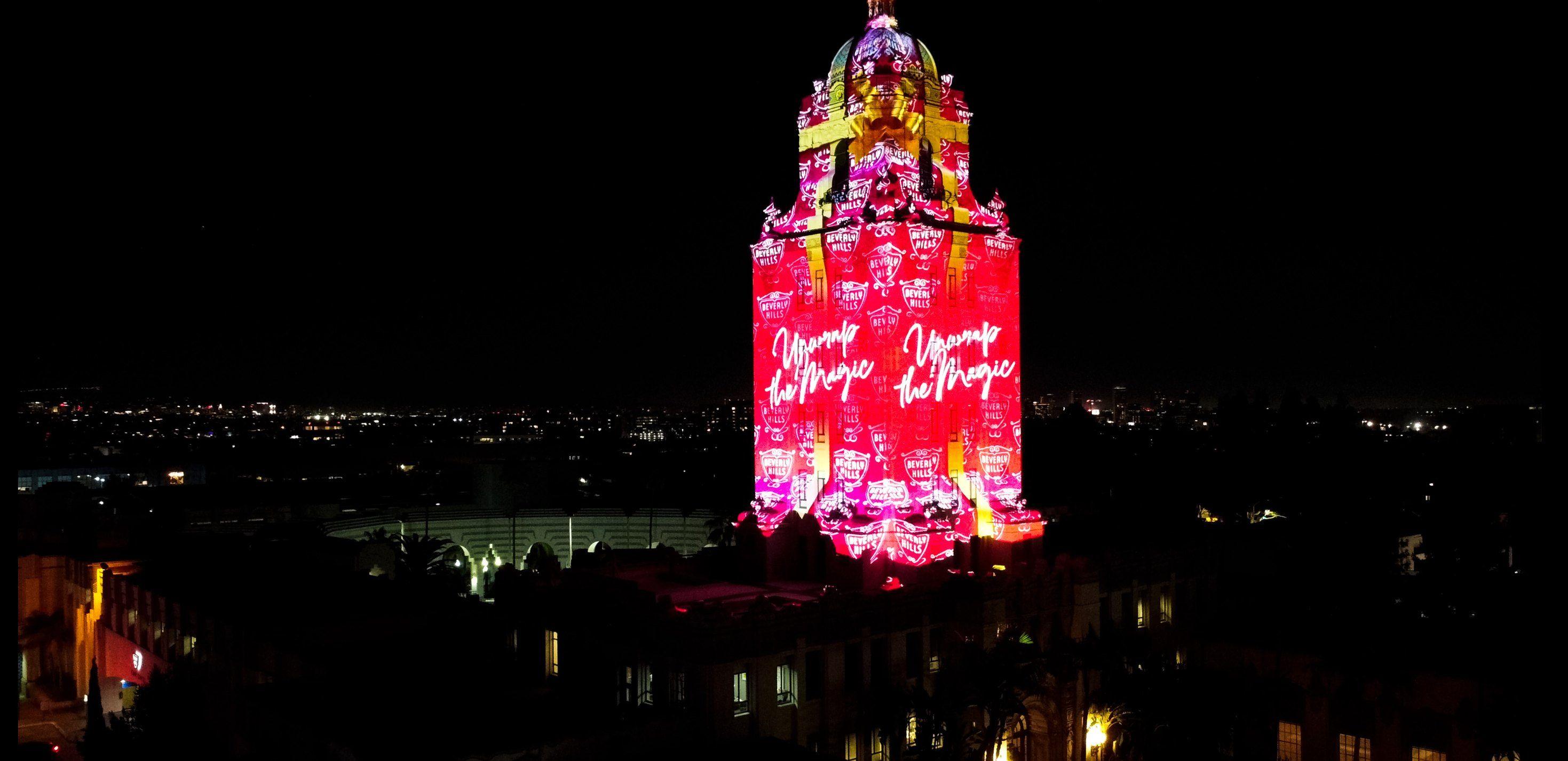 Christmas projection mapping on Beverly Hills City Hall powered by Screenberry media server