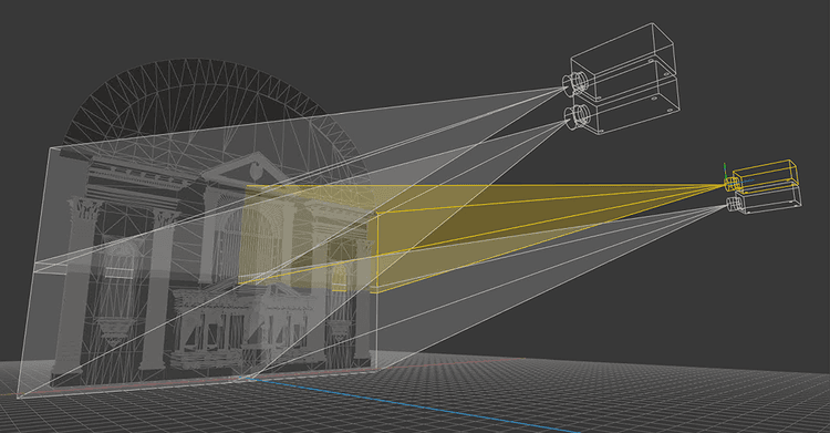 3D model of a building and virtual projectors in Screenberry's 3D Scene Editor, illustrating media server's capability to map content seamlessly onto complex shapes