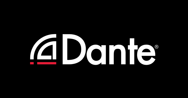 Dante logo, signifying Screenberry's integration with Dante audio technology for premium sound distribution