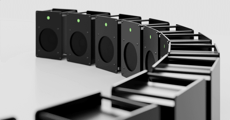 Horizontal curved line array of audio speakers, indicating Screenberry's support for diverse multichannel audio formats