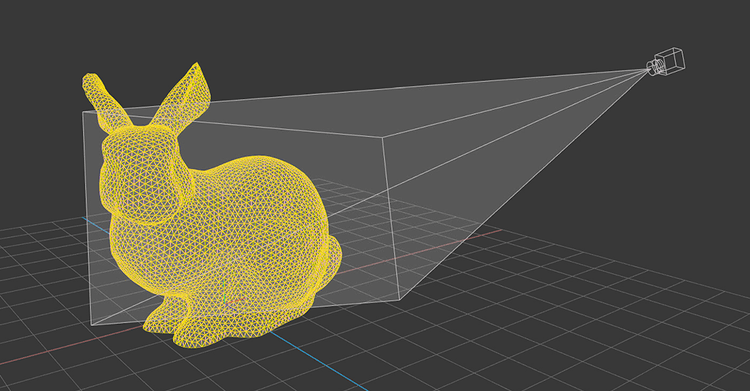 Wireframe bunny 3D model illuminated by a virtual projector, showcasing Screenberry's Pose Estimation algorithm
