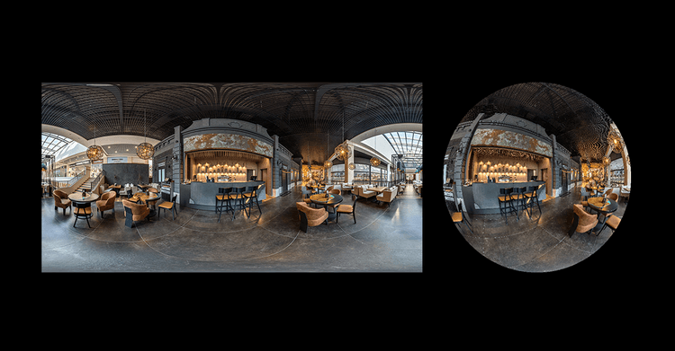 Cafe interior represented in an equirectangular and fisheye projection, showcasing Screenberry's real-time content transformation capabilities