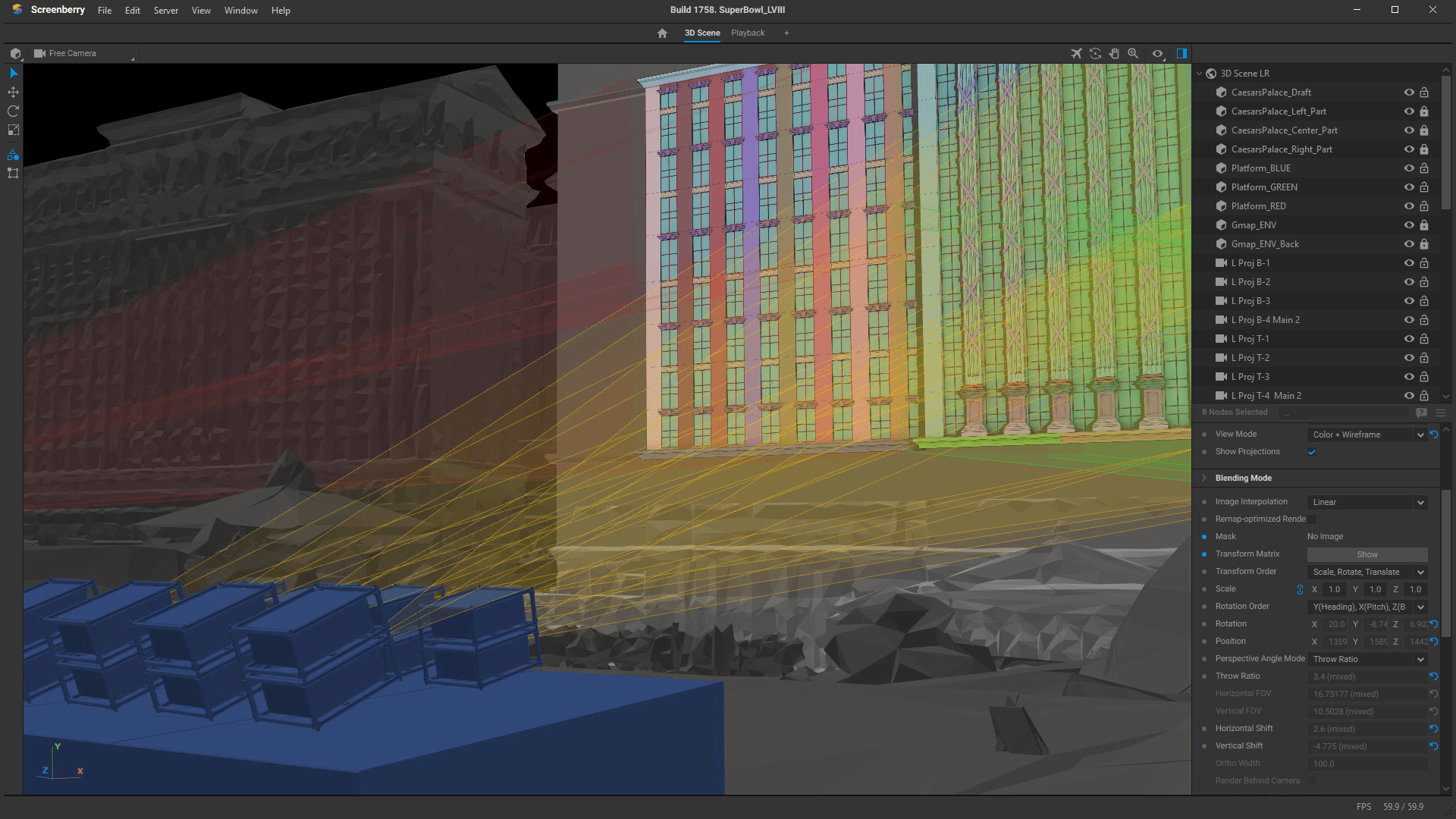 Projector stacks in Screenberry's 3D scene interface for Caesars Palace projection mapping