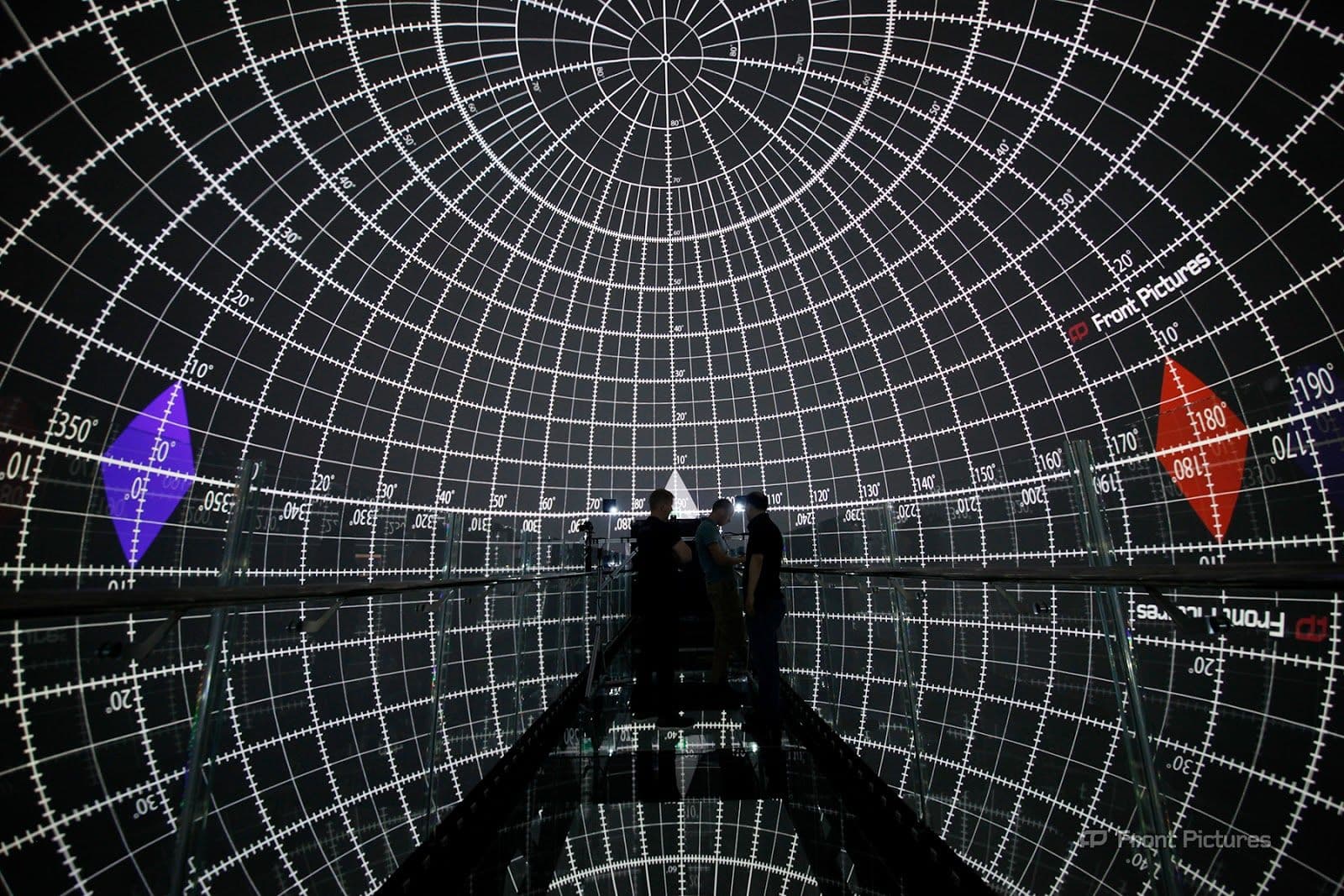 Screenberry team working on the multi-camera projection calibration of the Space 360 spherical projection theater